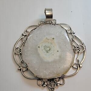 Necklace Pendant Solar Quartz Slice in Handmade Sterling Silver Filigree Setting